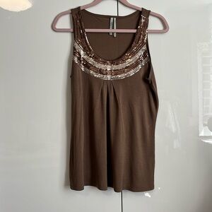 KISCHE Brown Sequin Trim Sleeveless Blouse, Size S